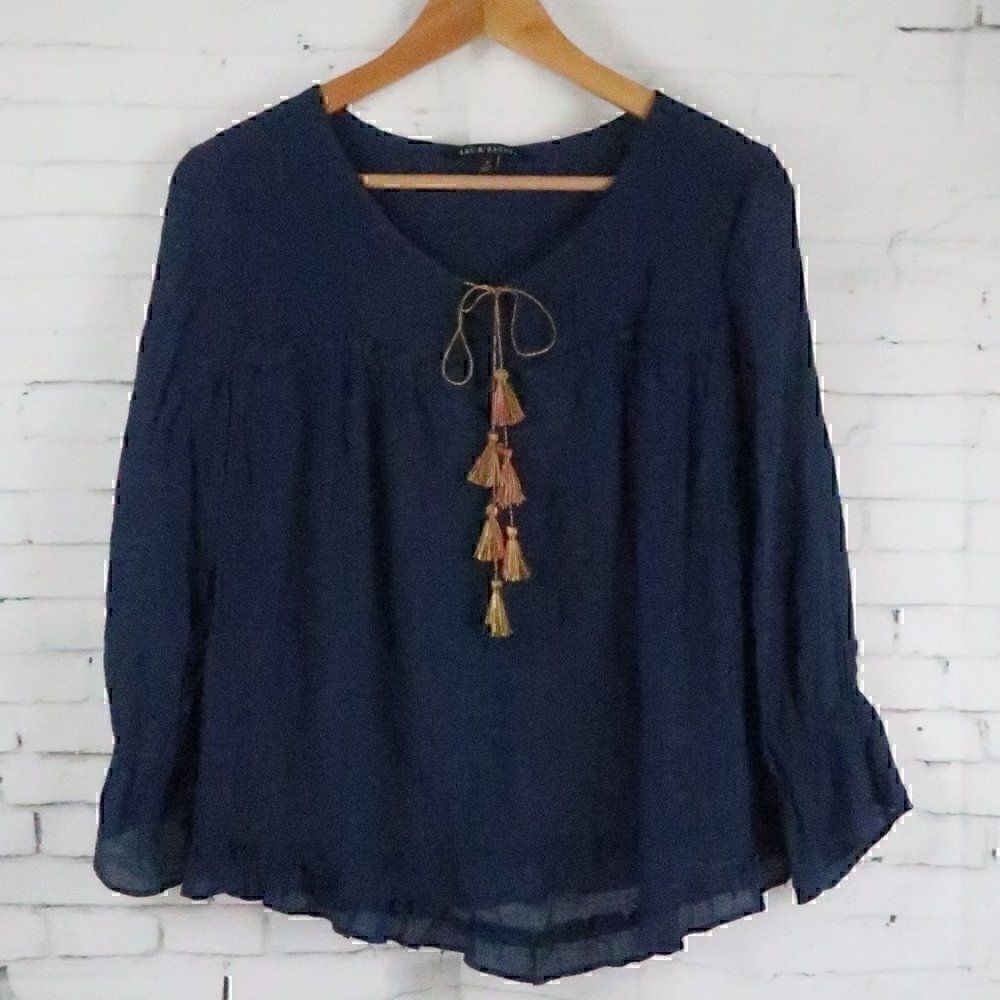 ZAC & RACHEL NAVY BLUE LONG SLEEVE ROUND NECK TOP WITH TASSEL DETAIL SIZE SMALL